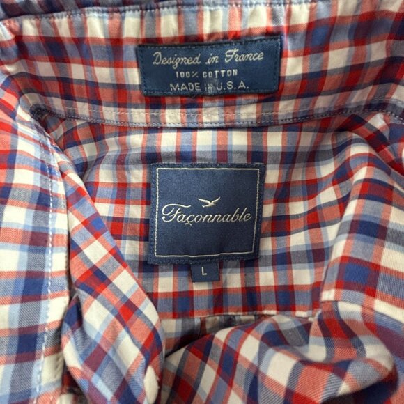 Faconnable Mens Red Blue Checkered Short-Sleeve Button-Down Shirt Large Cotton - Picture 3 of 7